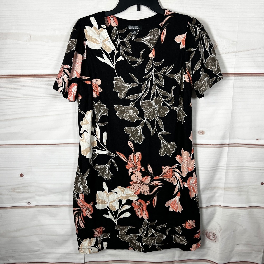 Nicole Miller Original V-Neck Mini Dress Womens Small Black Floral Linen Blend
